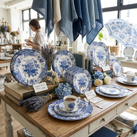 Ensemble de vaisselle en céramique avec motif de rose bleue européenne, assiettes en porcelaine fine personnalisées, tasses à thé et à café, soucoupes, service de table en gros
