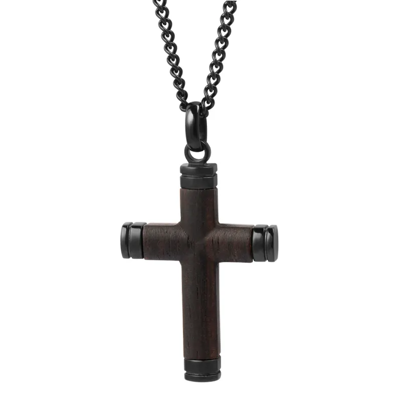 Real Wood Inlay Pendant Necklace With Black 24" Chain Ebony Wood Inlay Men Black Stainless Steel Cross Pendant