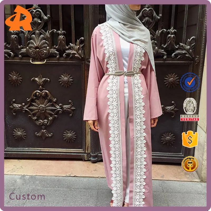 Çin ürün küçük miktar müslüman kadın açık Abaya Kimono tarzı rahat artı boyutu dantel detayları ile uzun moda elbise