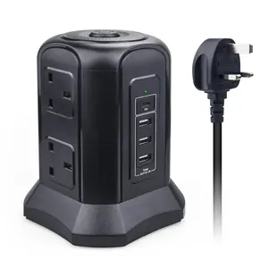 UK Tower Power Strip with 4 USB(1 USB-C PD 18W),6 AC Outlet Tower Socket with 2M Cord,Surge Protected Tower for Home,Office,Dorm