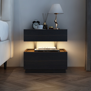 Italian <strong>Minimalist</strong> Wooden <strong>Bedside</strong> <strong>Table</strong>, 2 Drawer Bedroom Nightstand with LED Ambient Light &amp; Anti-slip Tabletop - Product Image 6