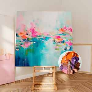 Quadro Moderno Colorato con Cornice, Arte Astratta 3D Testurizzata Dipinta a Mano, Decorazione per Soggiorno, Dipinto su Tela Rosa e <span class=keywords><strong>Verde</strong></span> <span class=keywords><strong>Acqua</strong></span> - Product Image 1