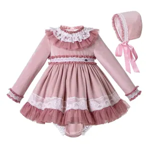 OEM Pettigirl תינוק סטי בגדי ילדה ורוד תינוק בנות שמלות עם כובע O-צוואר תינוק בנות מסיבת שמלת עיצוב