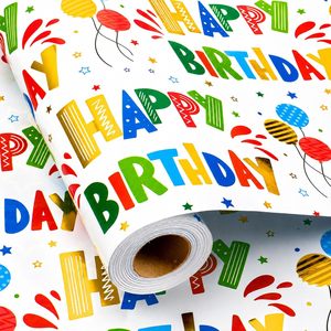Happy Birthday Wrapping Paper Roll 46.5 Sq Ft Colorful Gold Foil Balloon Stars Gift <b>Wrap</b> for Kids Adults Birthday Party - Product Image 1