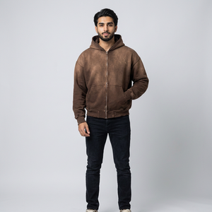 Sweat à capuche d'hiver en coton 100% brun foncé délavé avec pierre délavée vintage 450gsm Heavyweight Zip-Up Acid Wash - Product Image 1