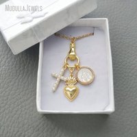 Collier pendentif en acier inoxydable plaqué or NM54152, cœur sacré, perle, croix, charmes de la Vierge Marie, bijoux catholiques, cadeau