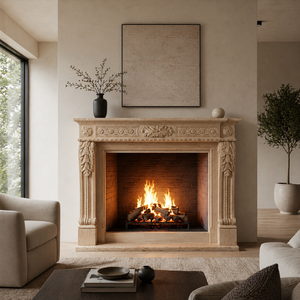 Cheminée en marbre personnalisée, moderne, sculptée à la main, de luxe, en marbre Galala Beige / Galala, avec manteau de cheminée en marbre et cadre de cheminée en marbre - Product Image 1