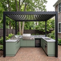 Ensemble d'armoires de cuisine extérieures en acier inoxydable Hyrley Terracotta sur mesure, avec grille à gaz, évier et four, pour bord de piscine