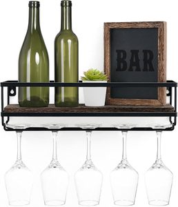 Estante de vino de pared, soporte para botellas y copas, de madera rústica, colgador de copas flotante, estilo americano, con patrón floral, para cocina y comedor - Product Image 1
