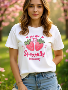 T-shirt da donna per San Valentino, girocollo, manica corta, stampa fragole con scritta 'You Are Berrial Special', bianco con lettere rosa, casual - Product Image 2