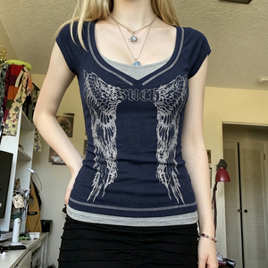Wing Print Double Layer Patchwork Tight U Neck Crop Tee Contrast Trim Y2K Subculture Vintage <b>Distressed</b> Short Sleeve <b>Top</b> - Product Image 3