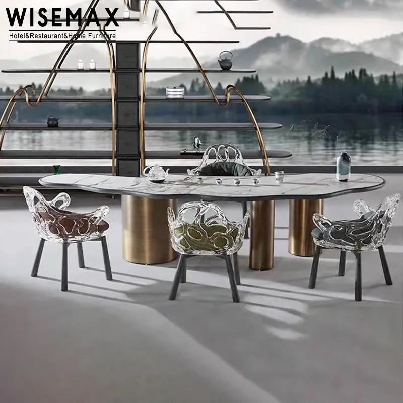 WISEMAX furnitur Modern ruang tamu ruang makan kursi berlengan Resin transparan bentuk bunga kursi makan dengan bantal untuk Hotel