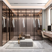 Lesso Home Armoire encastrée en L avec porte vitrée à cadre noir fumé et éclairage LED intégré, bureau d'étude intégré pour chambre de villa