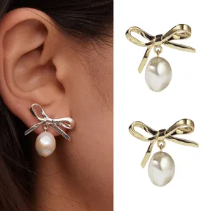 Fashion Elegant Party Jewelry Statement Bowknot Pearl Earrings Gold Plated Stud Drop Bow Earrings