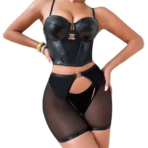 Hot Sale Ladies Leather Lingerie Night Club Latex Outfit Black Underwear Fantasy Women Sexy Intimates Erotic Lingerie