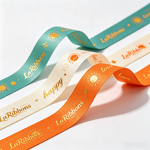 Ruban en grosgrain polyester personnalisé avec impression dorée double face, motif soleil et amour, certifié OEKO-TEX, en rouleaux pour emballage cadeau - Product Image 2