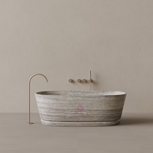 Designer <strong>LIGHT</strong> EMPERADOR Oval Stone <strong>Bathtub</strong> with Intricate Carved Linear Accents and Smooth Surface <strong>for</strong> a Luxurious Bathroom - Product Image 5