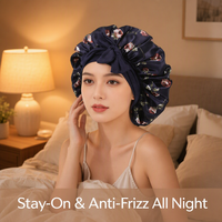 Gorro de Dormir de Satén con Estampado Floral de Rosas al por Mayor para Mujer, Gorro de Noche Voluminoso con Cinta Ancha y Cierre de Lazo, Logotipo Personalizado, Transpirable