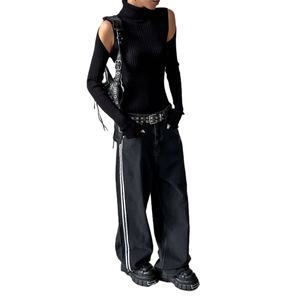 New Arrival Fashion High Quality Streetwear <b>Girls</b> <b>Jeans</b> With Side Strap Black Wash Women Baggy <b>Jeans</b> - Product Image 2