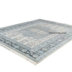 Tapis Oushak noué à la main 8x10, expédition rapide, tapis turc vintage en laine, bleu, ivoire, motif médaillon oriental pour salon, chambre à coucher - Product Image 1