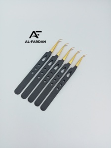 Fiber Tip Eyelash Extension Tweezers 45 Degree Pointed Fiber Gold Tip Serrated Handle Matte Black Color <b>Lash</b> <b>Volume</b> Tweezer - Product Image 2