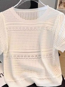 เสื้อไหมพรมถัก iStapromo สีขาวสำหรับผู้หญิง สไตล์วินเทจ คอเว้า แขนสั้น ผ้าบาง ใส่ได้ในช่วงฤดูร้อน - Product Image 4