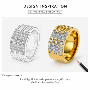 Wide Stainless <b>Steel</b> Zircon Statement <b>Ring</b> with Square Stone Grid and 14K Gold Vacuum Plating - Product Image 3