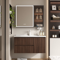Meuble-lavabo de salle de bain en aluminium nid d'abeille couleur noyer profond, double tiroir, porte simple, armoire miroir LED intelligente, porte-serviettes, robinet blanc mat
