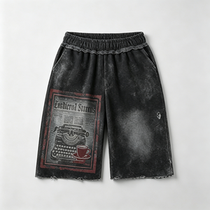 Shorts <span class=keywords><strong>de</strong></span> survêtement délavés pour hommes, en coton épais, avec imprimé graphique journal et machine à écrire, pour l'été, fournisseur en gros - Product Image 2
