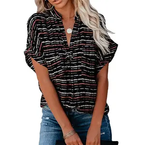 Top Selling Wholesale Stripes Black Women Casual Split V Neckline Chiffon Blouses Loose Tunic Short Sleeve Tops