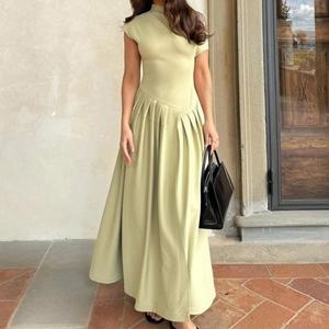 Vestido Largo Plisado Verde Elegante para Mujer, Estilo Casual de Oficina, Moda Urbana, Cuello Redondo, Manga Corta, Venta al Por Mayor, Personalizado OEM - Product Image 2