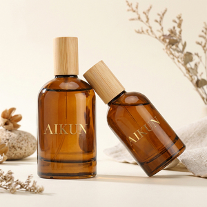 Aikun Low MOQ 30ml 50ml 100ml Amber Glass Perfume <b>Gift</b> Set with Bamboo Cap Water Transfer Logo Beige <b>Box</b> For Brands Custom Scent - Product Image 3