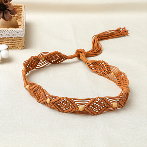 Cinturón ancho vintage bohemio <span class=keywords><strong>de</strong></span> macramé con cuentas <span class=keywords><strong>de</strong></span> madera, cuerda <span class=keywords><strong>de</strong></span> algodón, hebilla redonda, borlas y cadena <span class=keywords><strong>de</strong></span> cintura tejida <span class=keywords><strong>de</strong></span> cuerda encerada para mujer, ideal para usar con falda. - Product Image 5