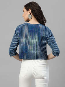 Shrug en coton à rayures indigo pour femme, à nouer, devant ouvert, manches mi-longues, coupe courte, coupe décontractée, style western, pièce unique, décontracté - Product Image 4