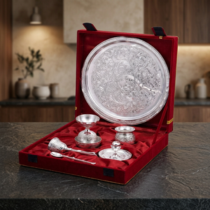Ensemble de thaali pour pooja de 8 pouces, fait main, luxe, plaqué or, avec motifs en relief, cadeau de luxe. - Product Image 4