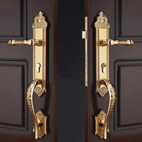 Porte d'entrée principale en bois de style européen pour villa de luxe, double porte avec serrure en laiton et fausse poignée