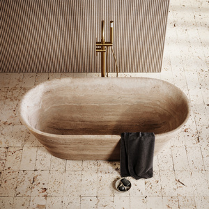 Baignoire autoportante haut de gamme moderne en travertin beige sculpté à la main, écologique, <span class=keywords><strong>avec</strong></span> drain, pour salle de bain intérieure - Product Image 1