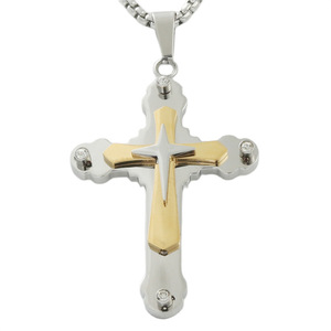 Stainless Steel <b>Cross</b> Pendant With Gold Inlay And Crystal Accents For Men's Necklace Geometric Design 120150 - Product Image 1