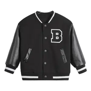 90-130 size high quality baseball collar leather patchwork letterman autumn winter kids bomber jackets