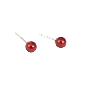 2019 Fashion Simple Post Earring Garnet Glass Beads 925 Sterling Silver Stud Earrings Korea Wholesale S925 Real Silver Jewelry