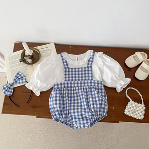 Printemps automne enfant en bas âge fille coton bleu barboteuse à carreaux couleur unie à manches longues haut bébé vêtements costume - Product Image 6