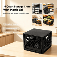 Caisse à lait pliable en plastique robuste de 16 quarts avec couvercle en plastique, panier de rangement ventilé empilable pour entrepôt et supermarché