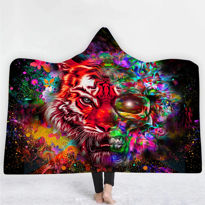 Factory Sale High Quality Digital Print Warm Fleece Winter Wear Colorful Tiger Hooded Blanket