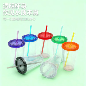 Shang Kou Ai 16Oz Double Walled Plastic <b>Cup</b> Transparent Colored <b>Lid</b> <b>With</b> Straw <b>Reusable</b> Gift <b>Cup</b> For General Use - Product Image 1