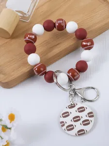 New Arrival Monogram Football Basketball Baseball Wooden Beaded Bracelet Keychain Printing Wooden Bead Keychain <b>Wristlet</b> - Product Image 5