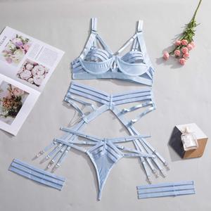 Lingerie sexy évidée avec logo personnalisé pour hommes soutien-gorge et slips transparents et culottes ensemble 5 pièces <span class=keywords><strong>string</strong></span> avec porte-jarretelles - Product Image 3