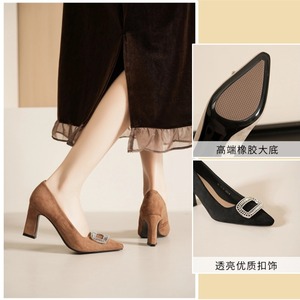 Escarpins en daim 7188C-198 à bout pointu, talon carré, semelle extérieure en caoutchouc, chaussures de bureau avec boucle décorative en strass - Product Image 1