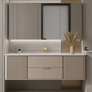 Meuble-lavabo de salle de bain intelligent moderne de luxe couleur chaude en MDF laqué avec miroir nid d'abeille et éclairage LED, vasque en céramique blanche pour usage hospitalier - Product Image 1
