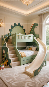 Letto a soppalco a tema dinosauro, letto a castello per bambini, design lussuoso e creativo per la cameretta dei bambini, personalizzazione con scivolo e libreria - Product Image 4