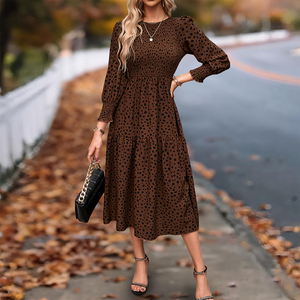 Elegante Abito Midi Floreale da Donna <span class=keywords><strong>con</strong></span> <span class=keywords><strong>Maniche</strong></span> Lunghe e Vita Alta - Stampa Nera <span class=keywords><strong>con</strong></span> Motivi <span class=keywords><strong>a</strong></span> Pois Intrecciati, Stile Casual - Product Image 2